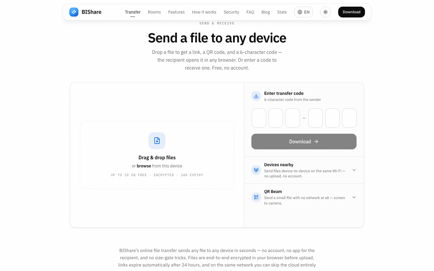 BIShare's browser transfer page sending a file from iPhone to a Windows PC without any installation
